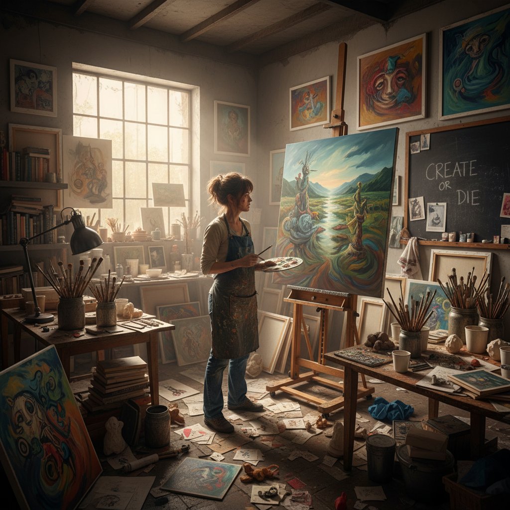 Artysta w pracowni, pogrążony w pracy, symbol twórczej fiksacji