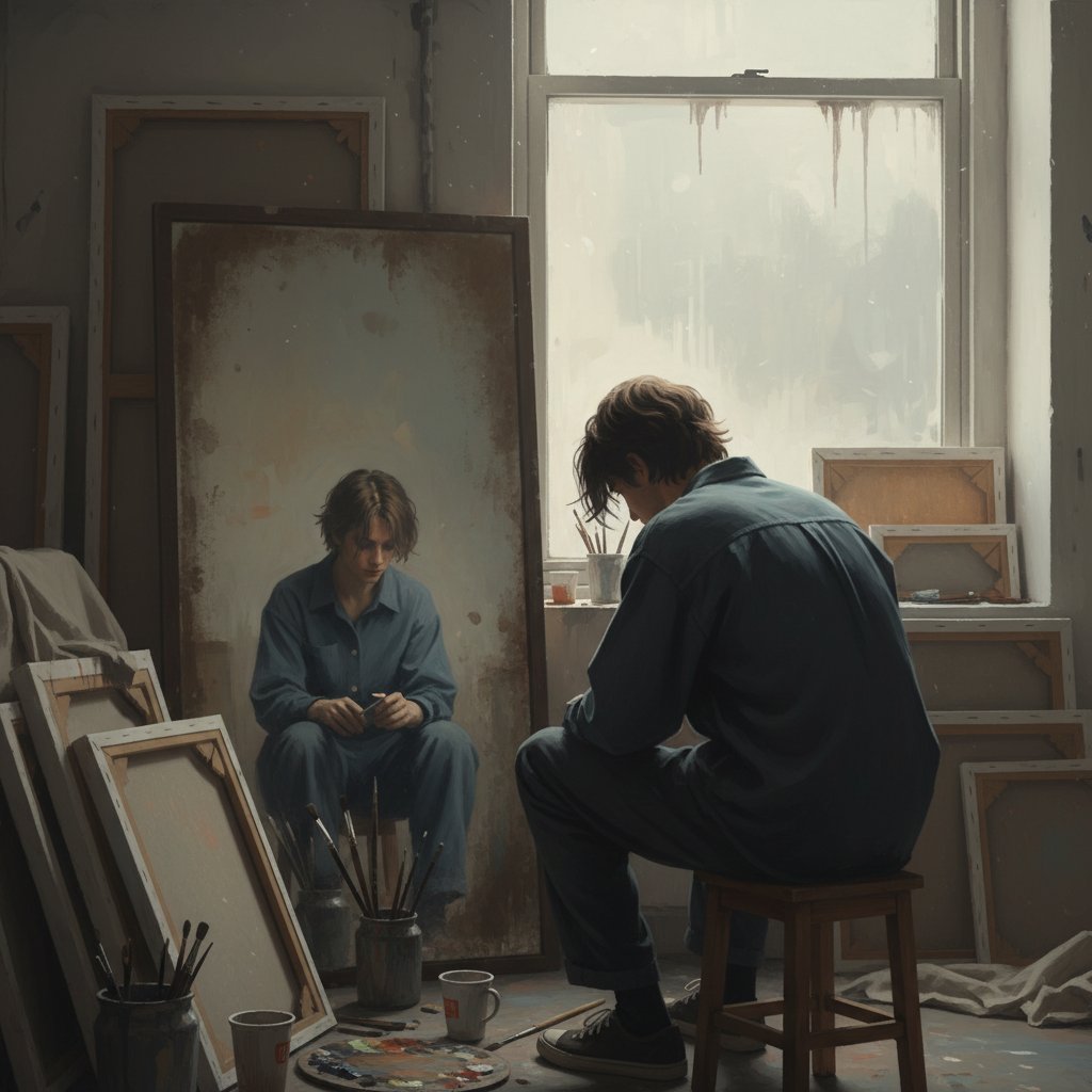 Samotny artysta pracujący w pracowni, pogrążony w zadumie – kreatywność i wrażliwość osoby z AvPD