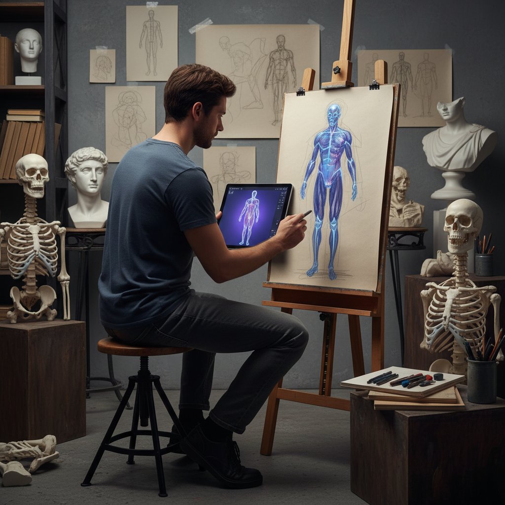 Artysta pracujący z modelem 3D, gestykulacje, szkicownik, plansza referencyjna