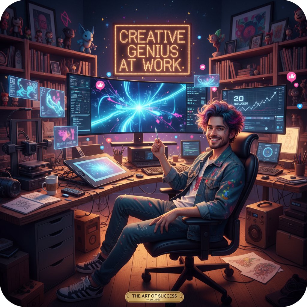 Młoda artystka przy biurku, otoczona sprzętem multimedialnym, oglądająca swoje viralowe profilowe na ekranie