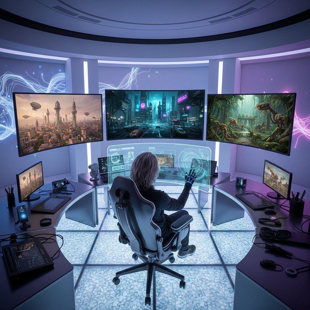 Artysta pracujący nad wizualizacją alternatywnych scenariuszy w cyfrowym studio