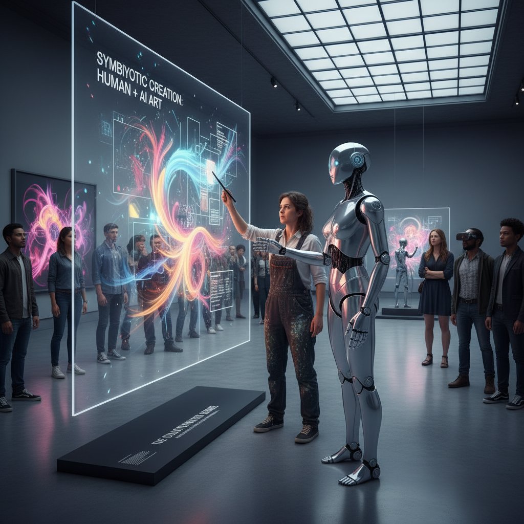 Artysta i AI wspólnie tworzący obraz w nowoczesnej galerii sztuki, dynamiczna scena kreatywności