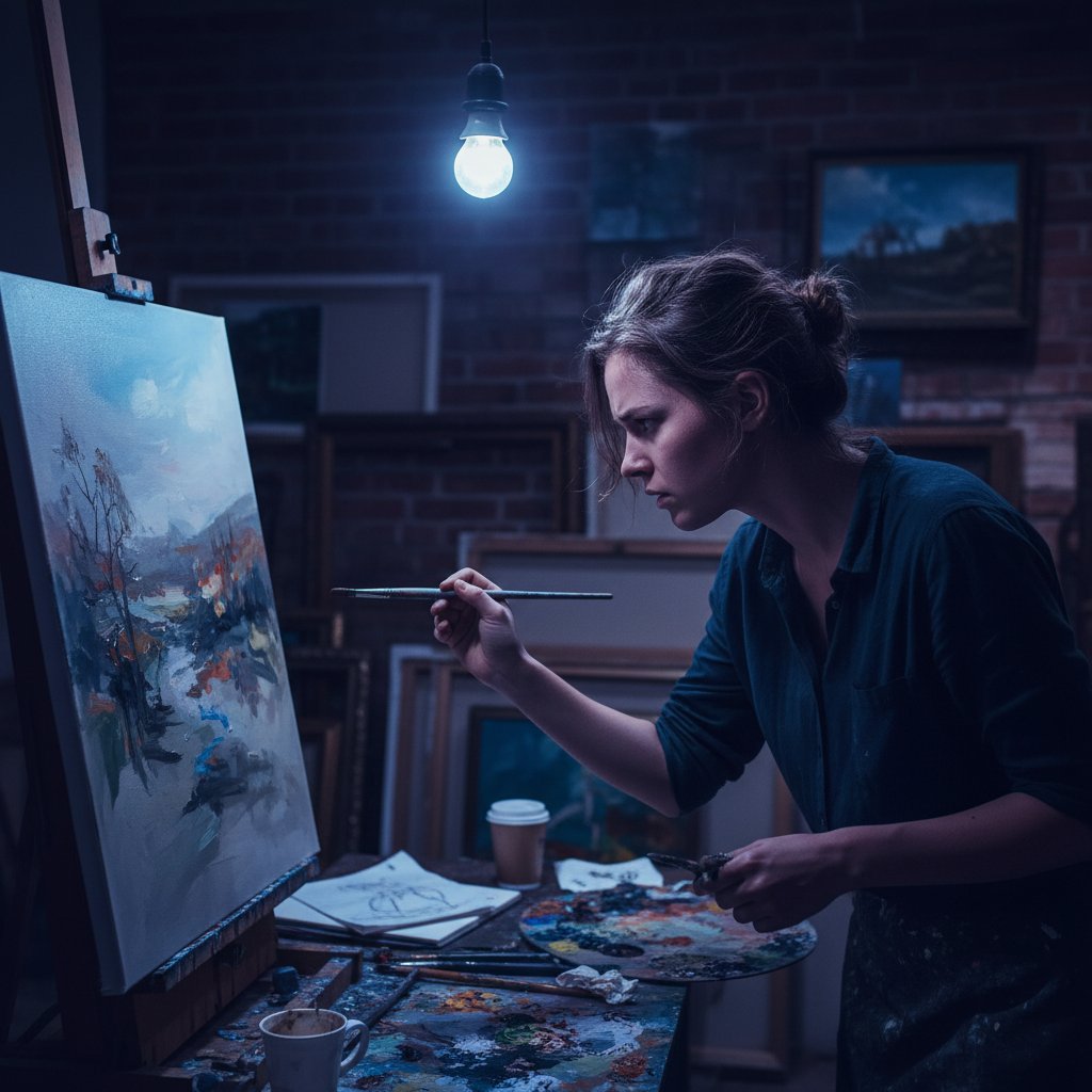 Artysta patrzący intensywnie w płótno, atmosfera napięcia i twórczego niepokoju