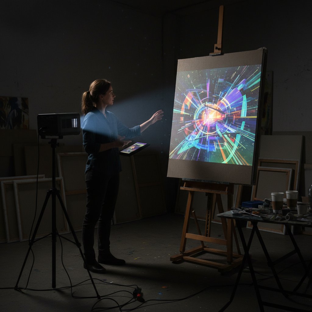 Artysta tworzący dzieło z użyciem cyfrowego projektora – technologia w sztuce