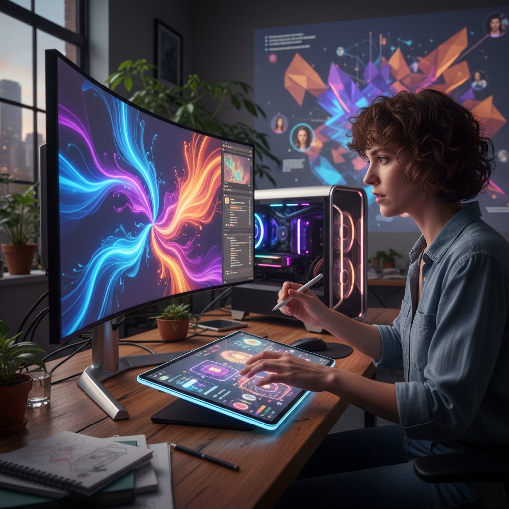 Artystka przy komputerze tworząca dzieło sztuki cyfrowej, ekran pokazuje interaktywną platformę online