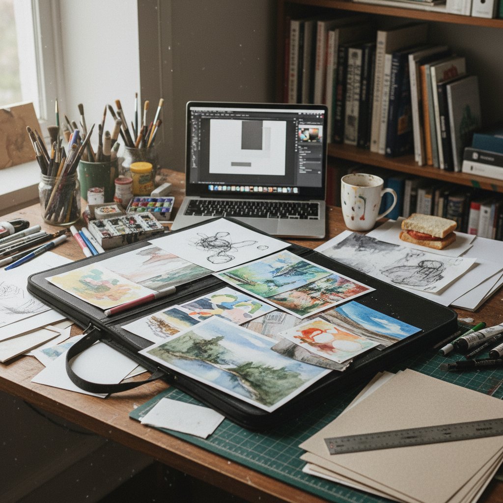 Biurko artysty z przygotowanymi pracami, notatkami i laptopem – gotowość do konsultacji online