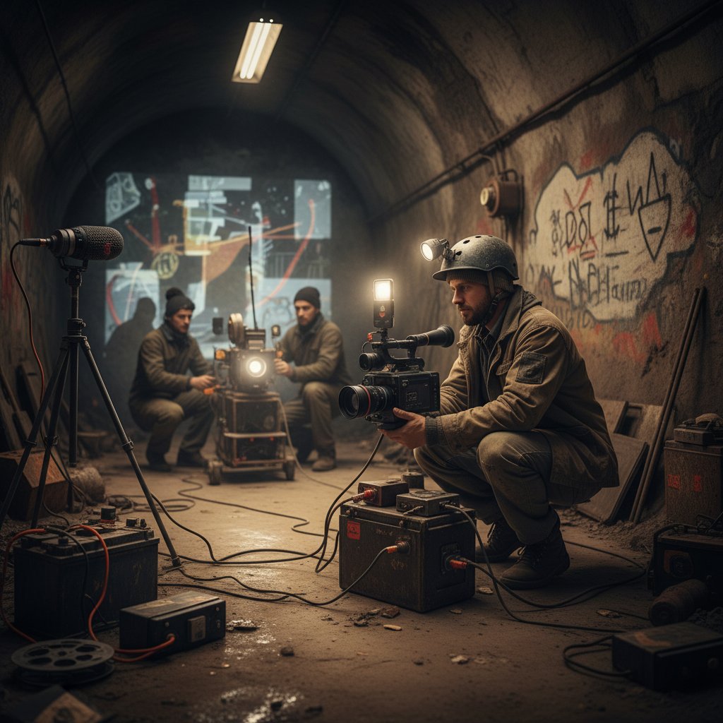 Artist filming with DIY equipment, underground experimental cinema story