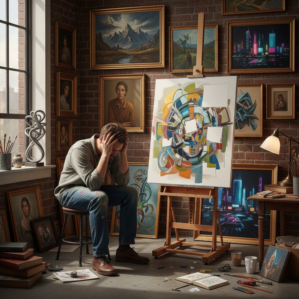 Artysta patrzący na niedokończony obraz, z widocznym stresem, w otoczeniu inspirujących prac