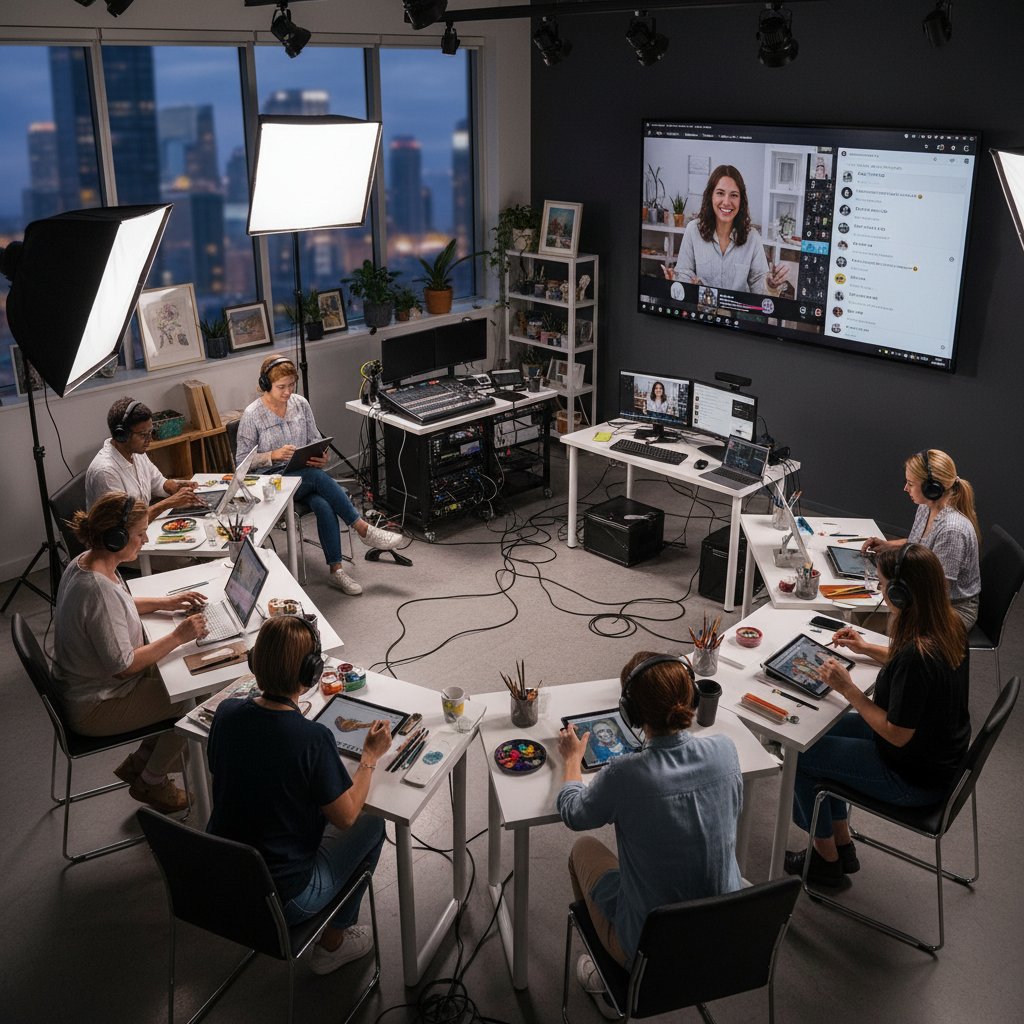 Artysta prowadzący warsztaty online transmituje lekcję z własnej pracowni, profesjonalne studio