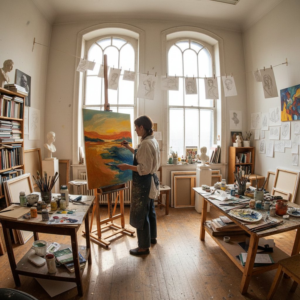 Artysta malujący obraz w atelier, kreatywność, emocje, rozwój osobisty