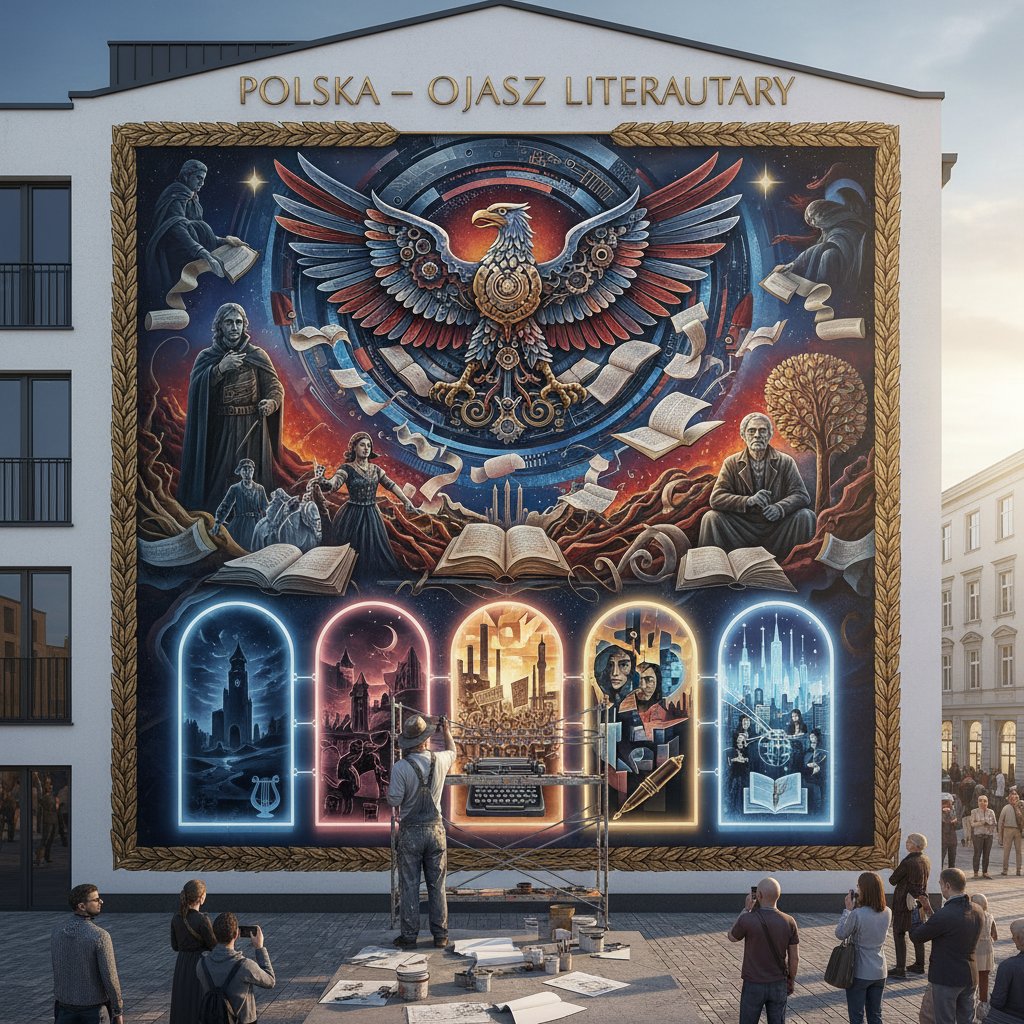 Artysta malujący mural inspirowany symbolizmem Młodej Polski, klimatyczne światło – epoki literackie online