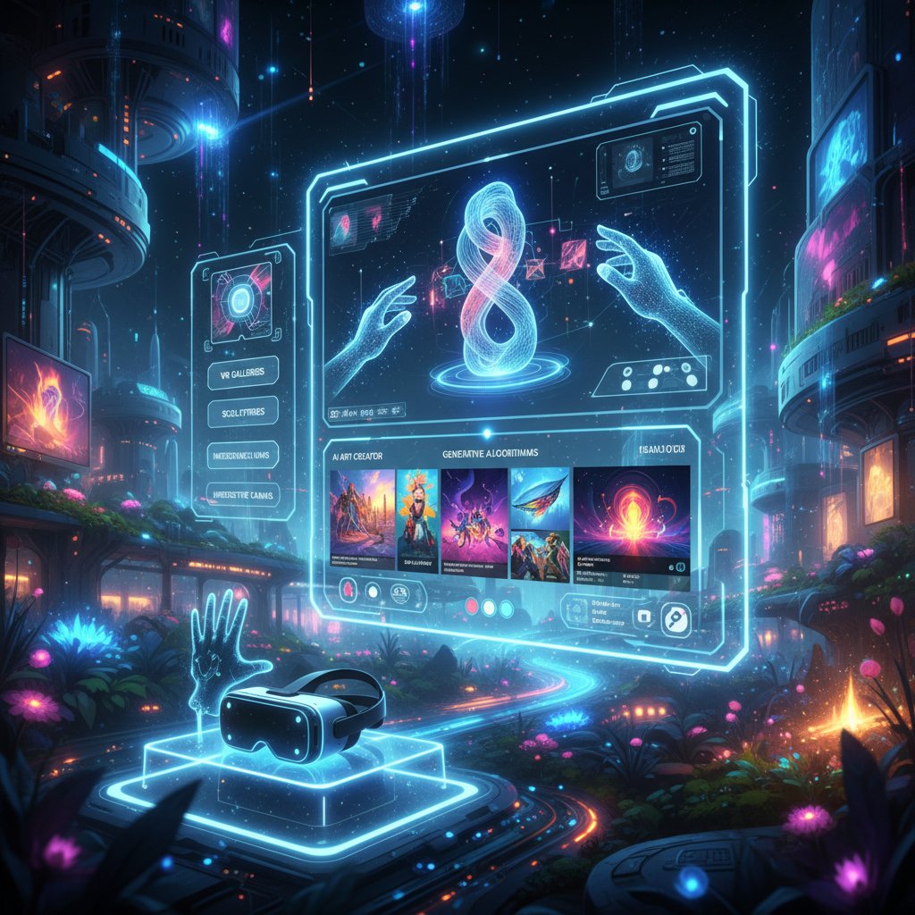 Portfolio artystyczne online z elementami VR i AI, artysta testuje interaktywne narzędzia