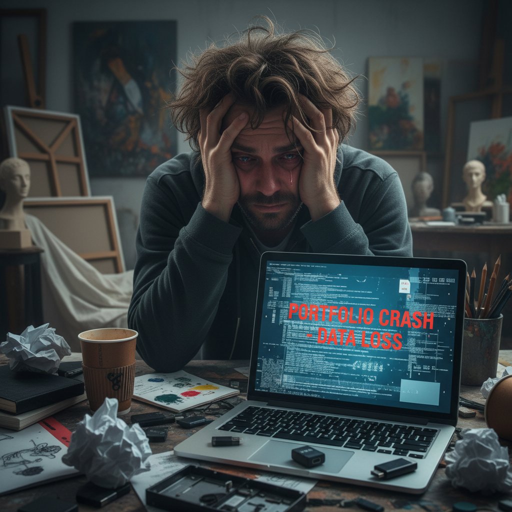 Artysta zmartwiony awarią portfolio online, utrata danych, stresująca sytuacja