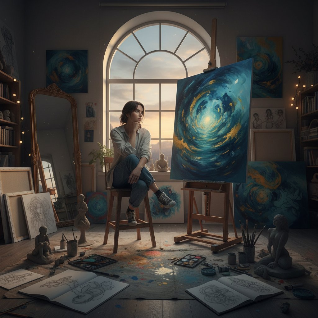 Artysta w pracowni pogrążony w samotności i twórczej pracy