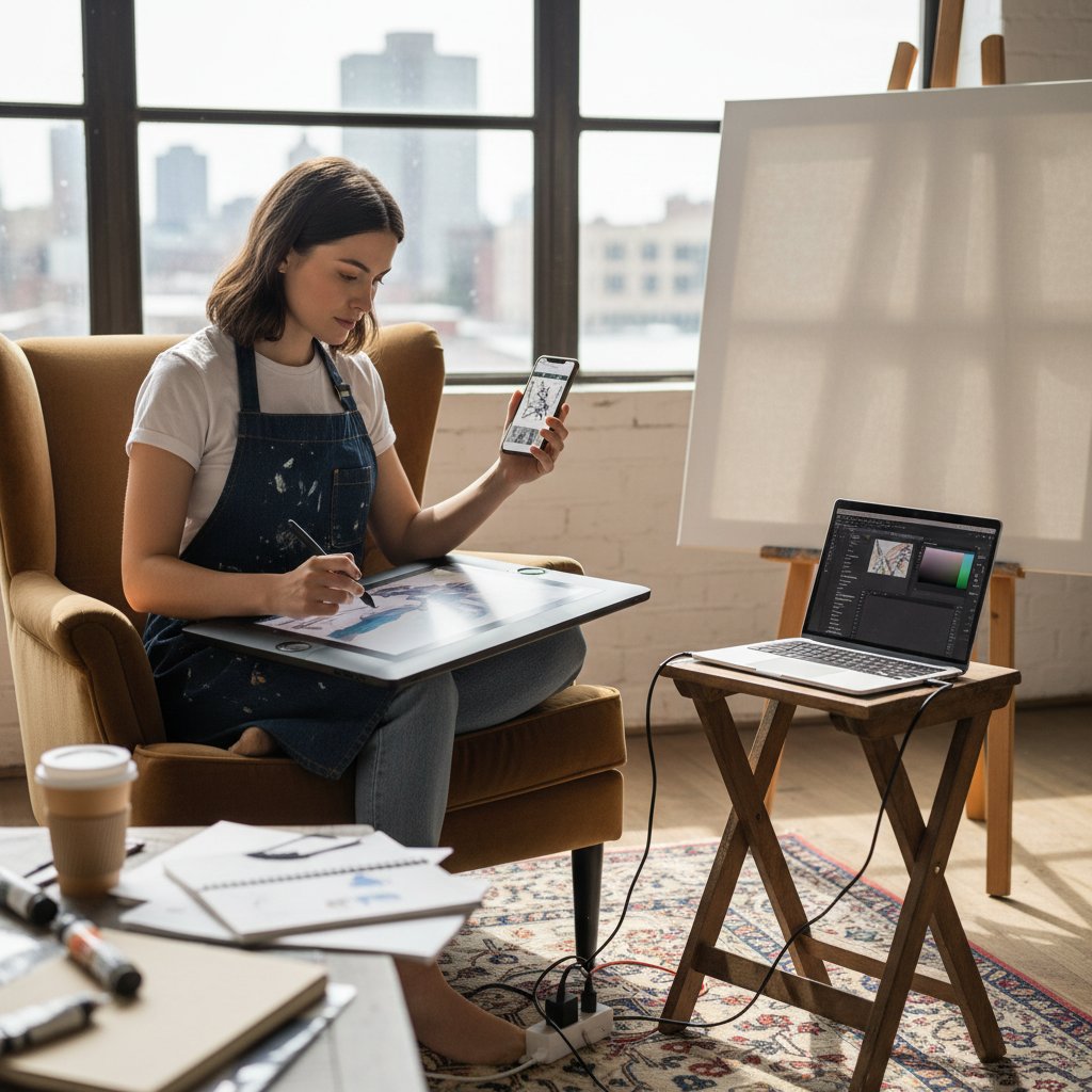 Artysta korzystający z różnych urządzeń – laptop z AI, tablet z mentoringiem, smartfon z social media
