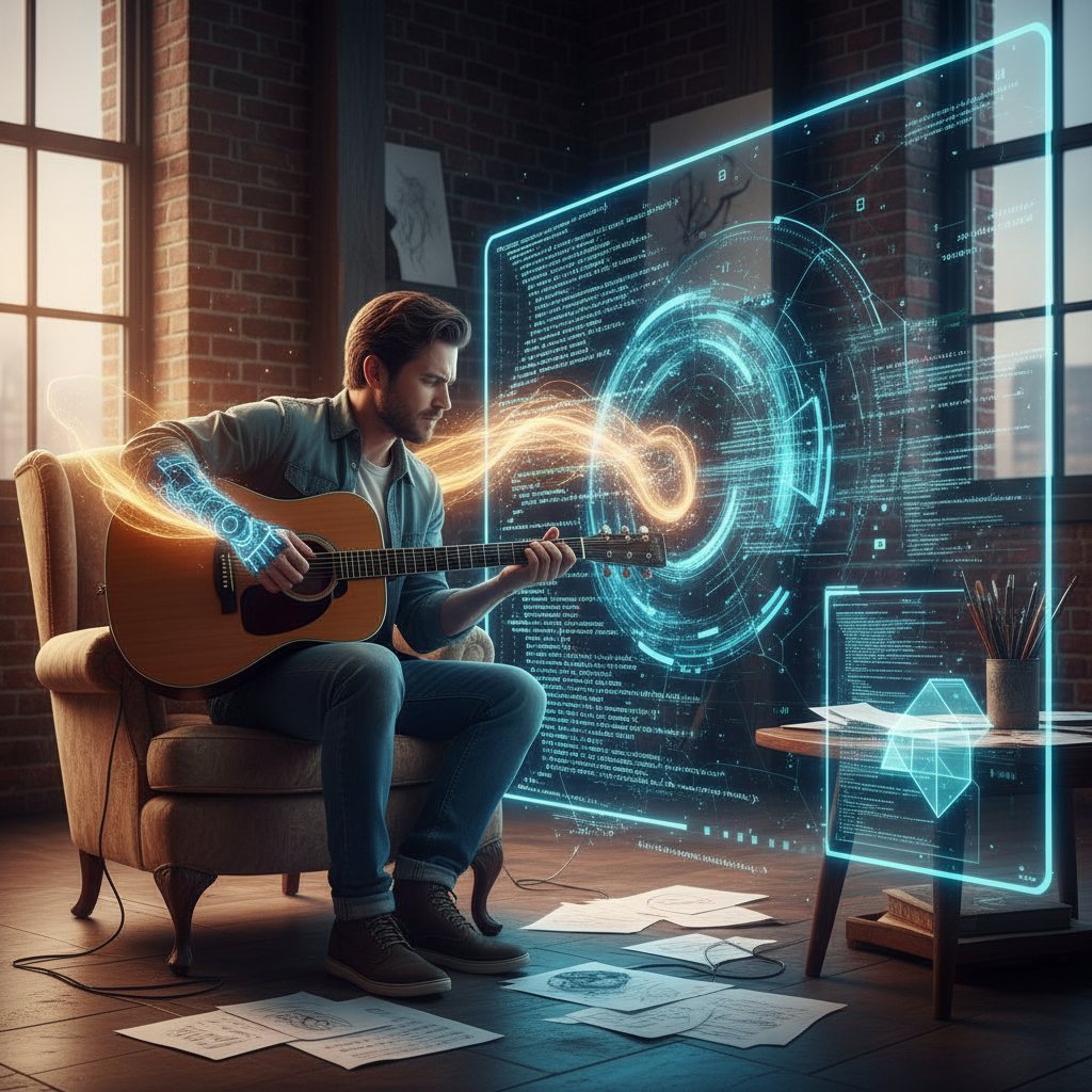 Artysta z gitarą na tle ekranu z kodem – symbol konfliktu twórczości ludzkiej i sztucznej inteligencji