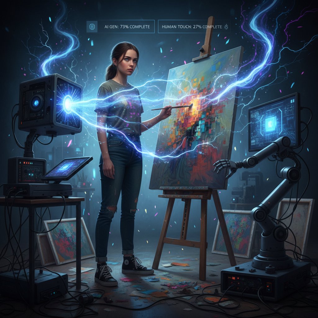 Artysta z obrazem i ekran z generatorem AI – napięcie między sztuką tradycyjną a cyfrową