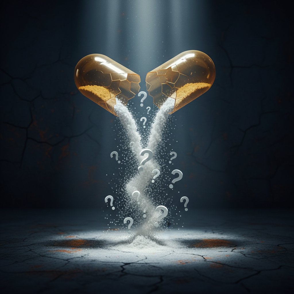 Pęknięta kapsułka suplementu diety z wysypującymi się znakami zapytania