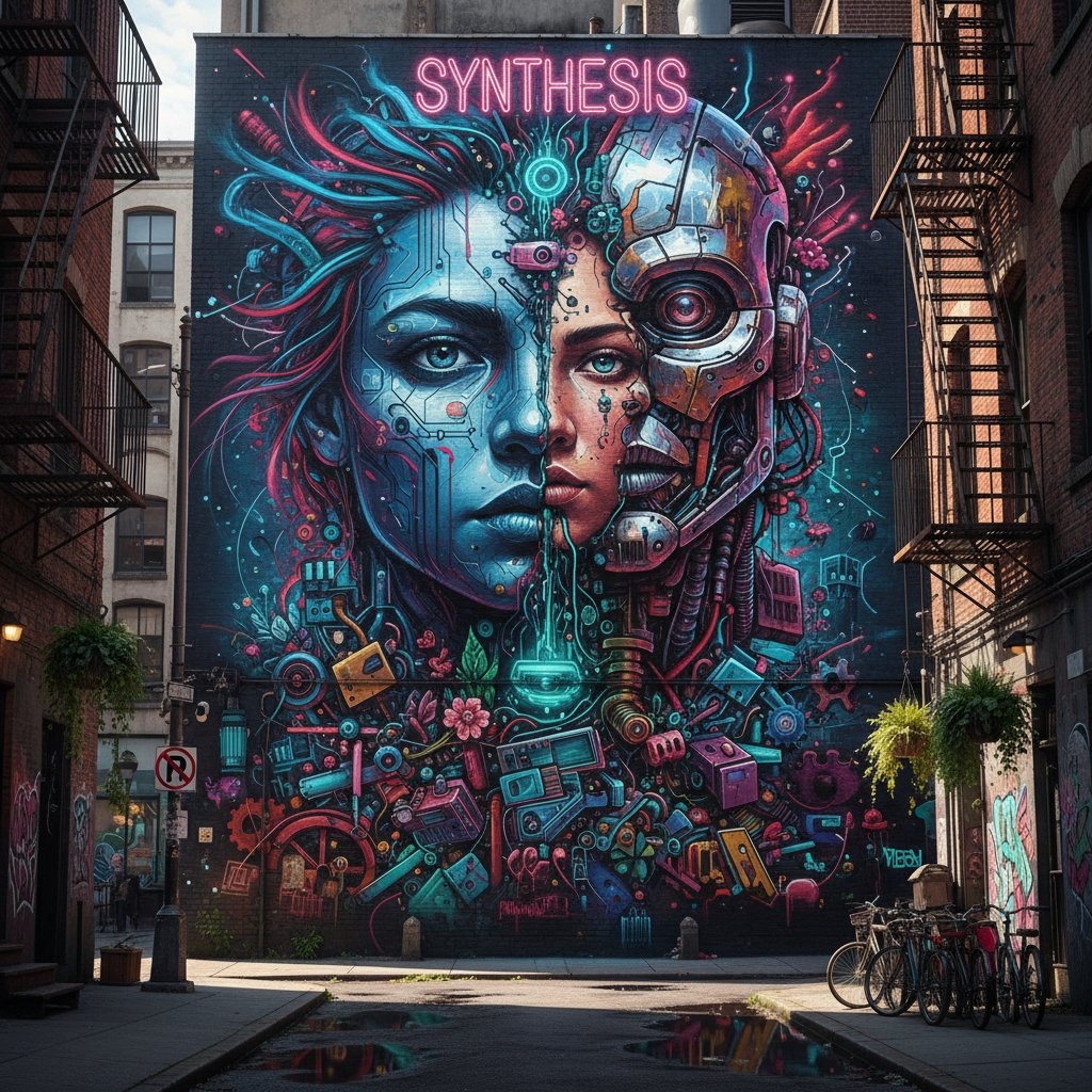 Sztuka uliczna o przyszłości technologii.