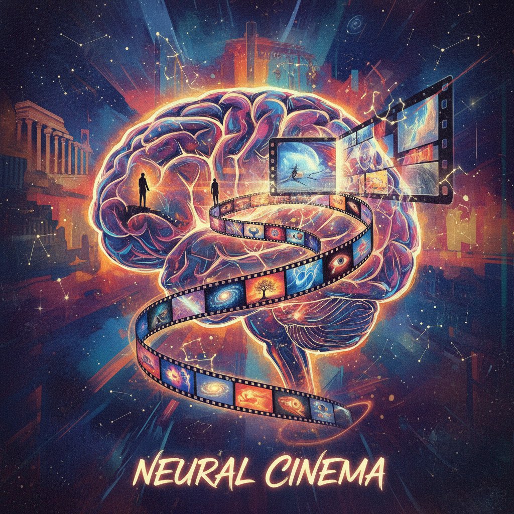 Artistic brain scan merging with film reel and abstract visuals, brain scan blending with surreal movie visuals