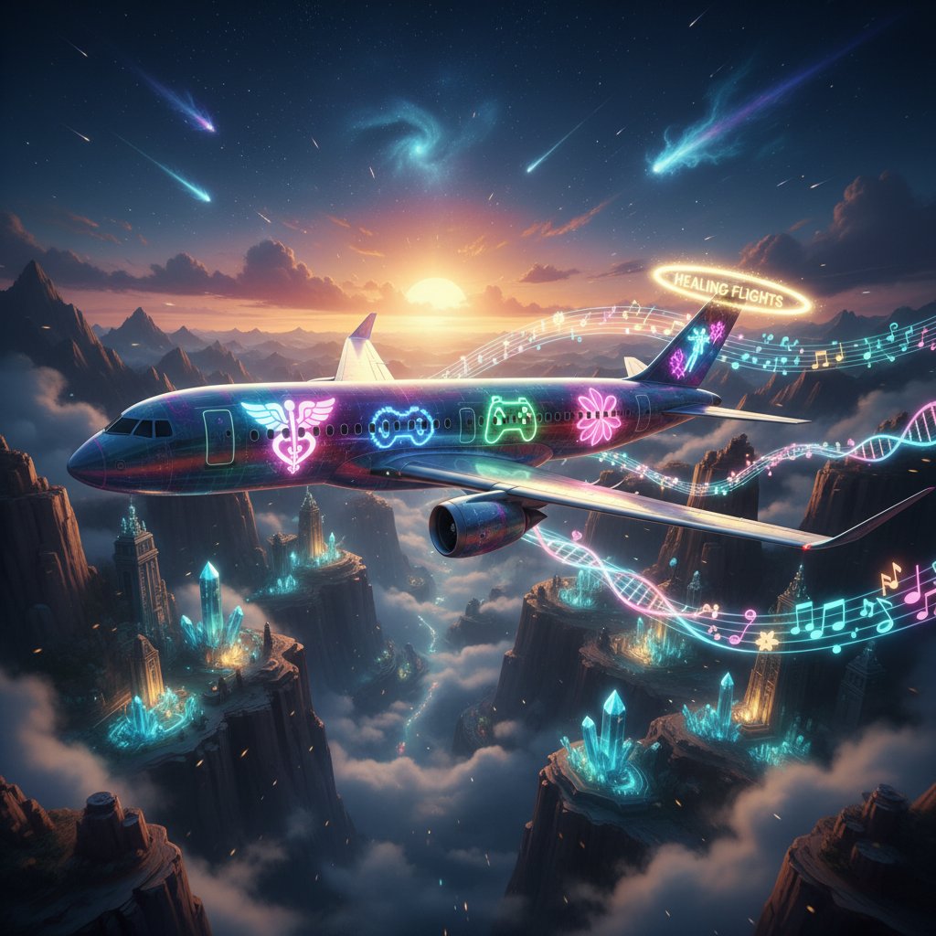 Artistic cinematic airplane scene, dramatic lighting, pop culture and healing flights
