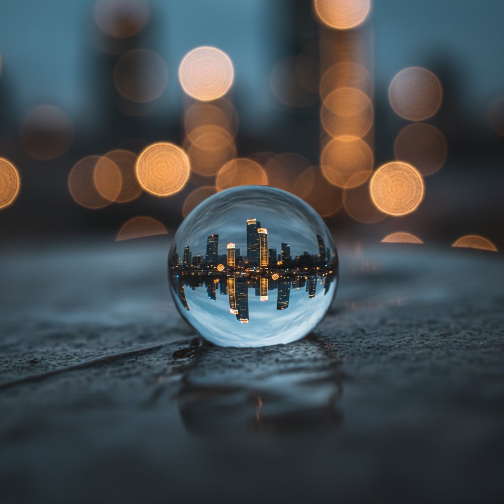 Artystyczne zbliżenie kropli wody odbijającej światła miasta, symbol refleksji i nowego spojrzenia