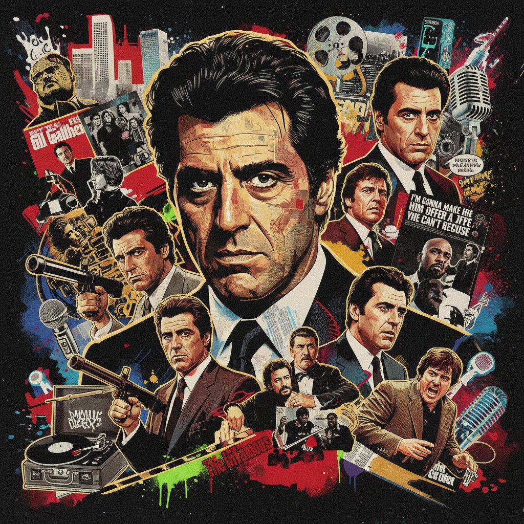 Artistic collage of Pacino’s influence on music, fashion, and internet memes, with Scarface, Godfather, and hip hop references