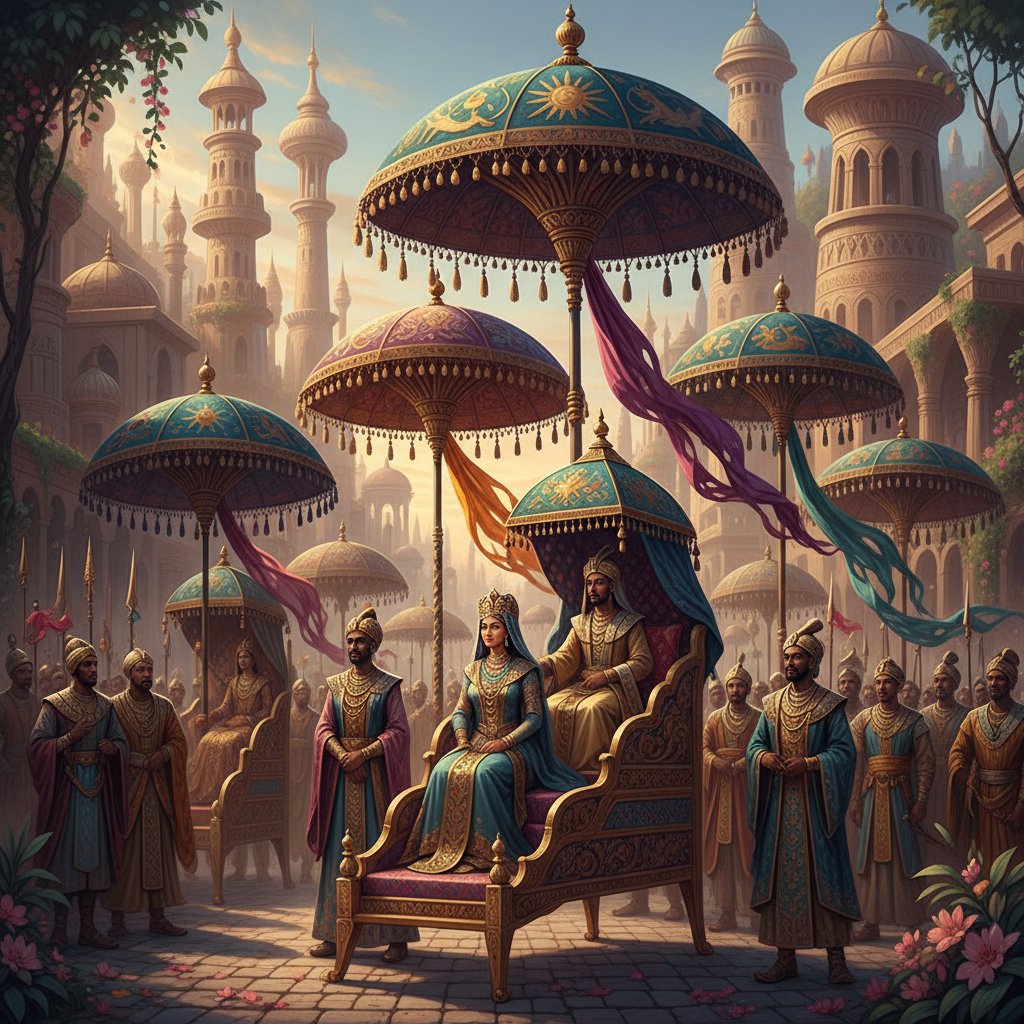 Procesja starożytnych władców z bogato zdobionymi parasolami, symbol władzy i prestiżu
