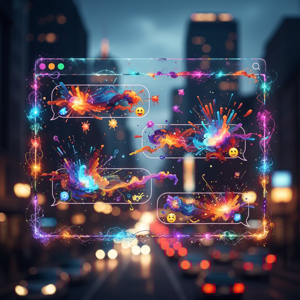 Okno czatu z barwną, ekspresyjną rozmową pełną emocji i autentyczności, kolorowe wiadomości na ekranie