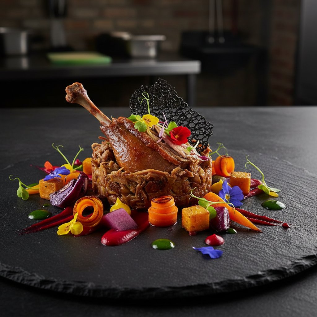 Kreatywna prezentacja dania na talerzu, kolorowa aranżacja, kuchnia domowa na poziomie