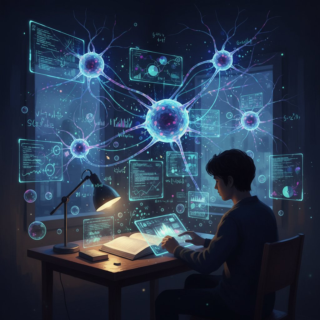 Artystyczna wizualizacja neuronów podczas nauki, cyfrowy motyw, nocne światło