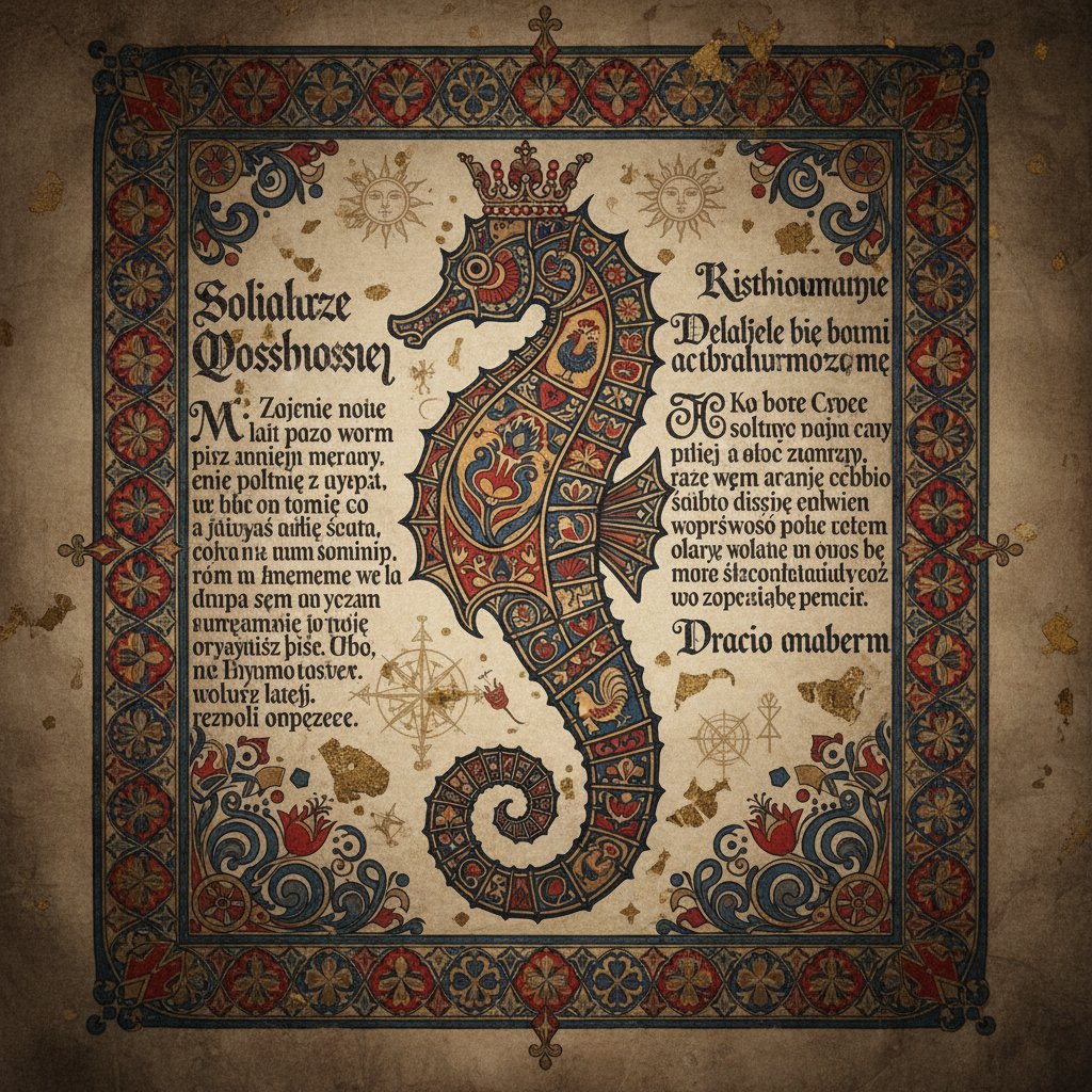 Hipokamp w sztuce i kulturze – artystyczna wizja konika morskiego wpisanego w starą księgę z polskimi motywami