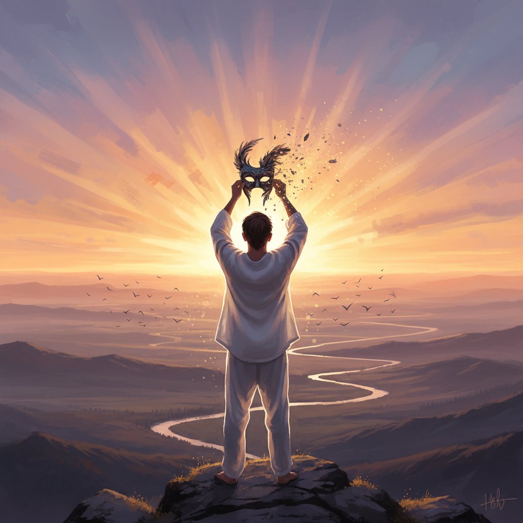 Artystyczne ujęcie osoby zdejmującej maskę na tle wschodu słońca – symbol wyzwolenia.