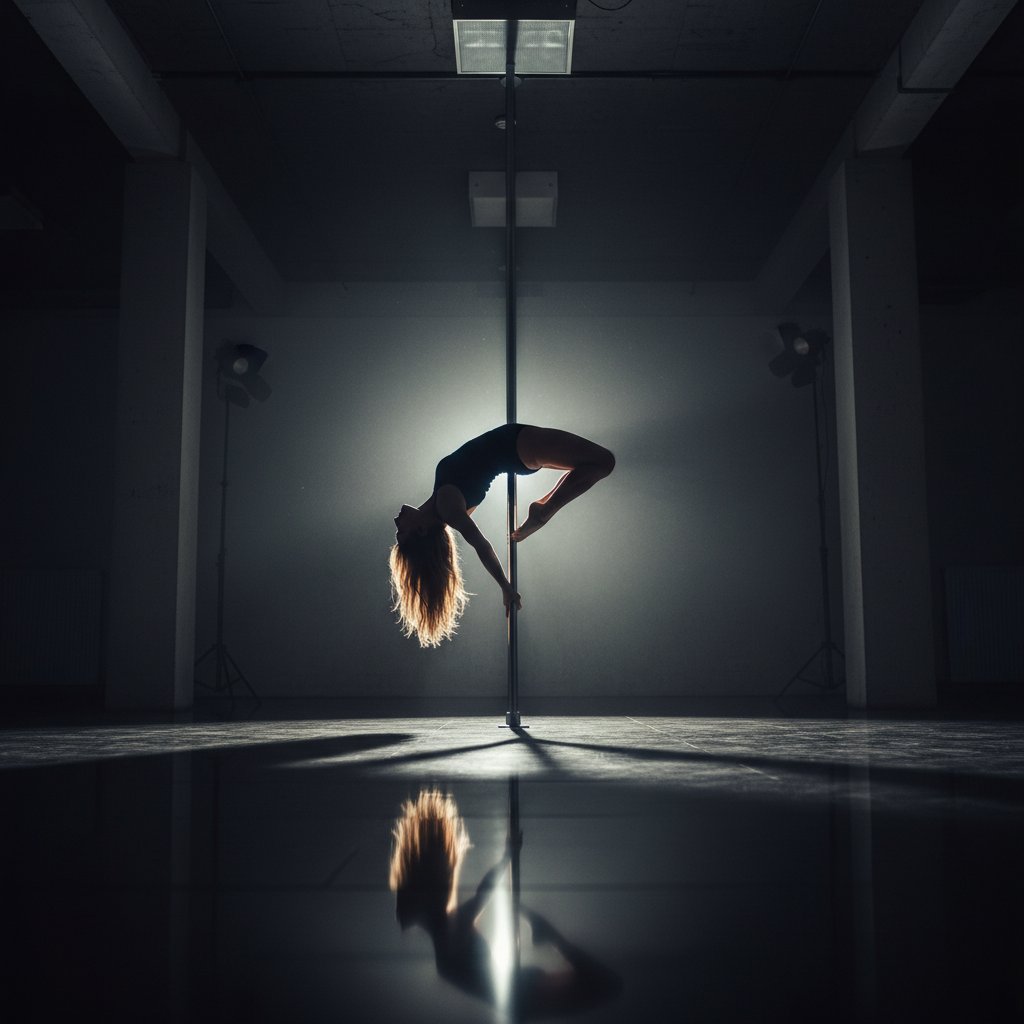 Artystyczna sylwetka tancerki pole dance w mocnym świetle, studio, emocje