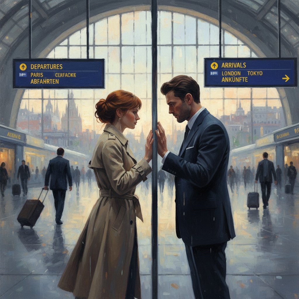 Artistic still of two characters separated by glass, international setting, symbolizing hidden love in global secret romance comedy