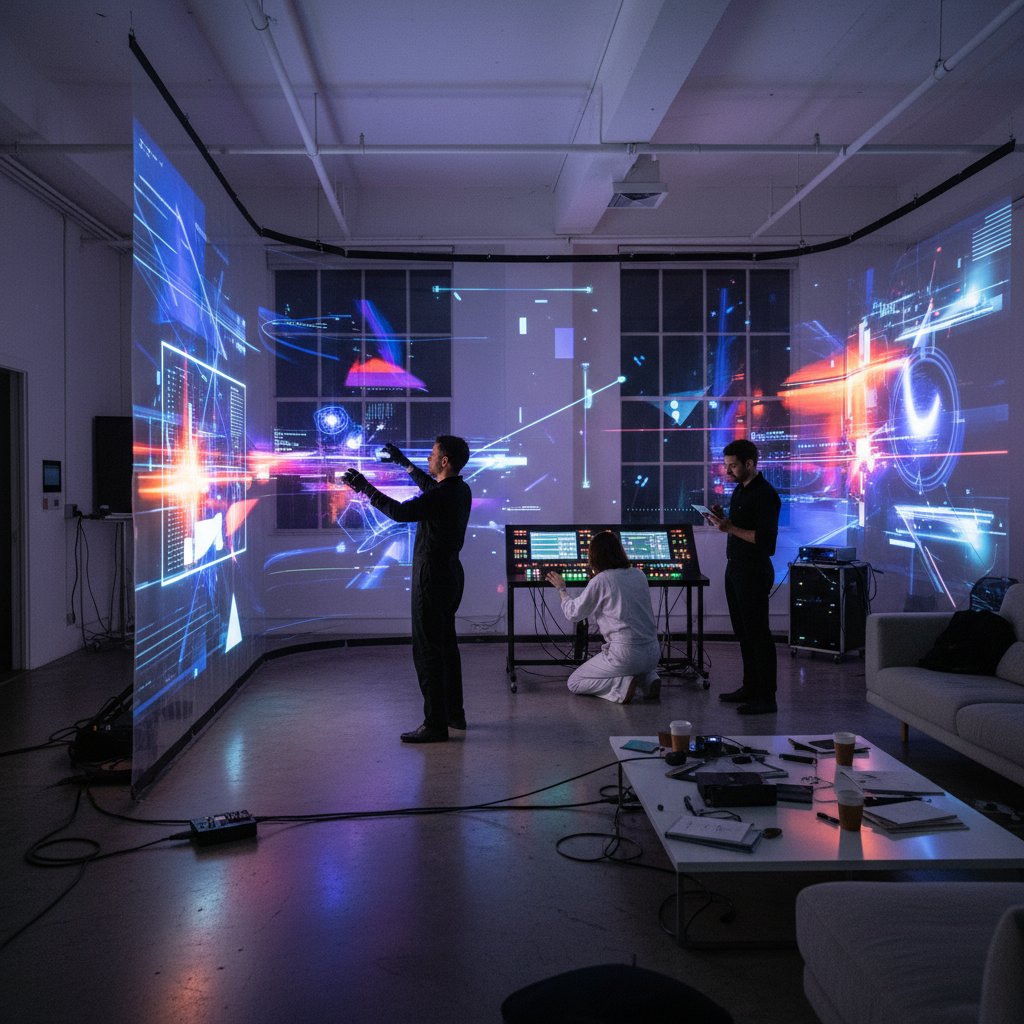 Artyści pracujący wspólnie nad cyfrową instalacją w nowoczesnym studio