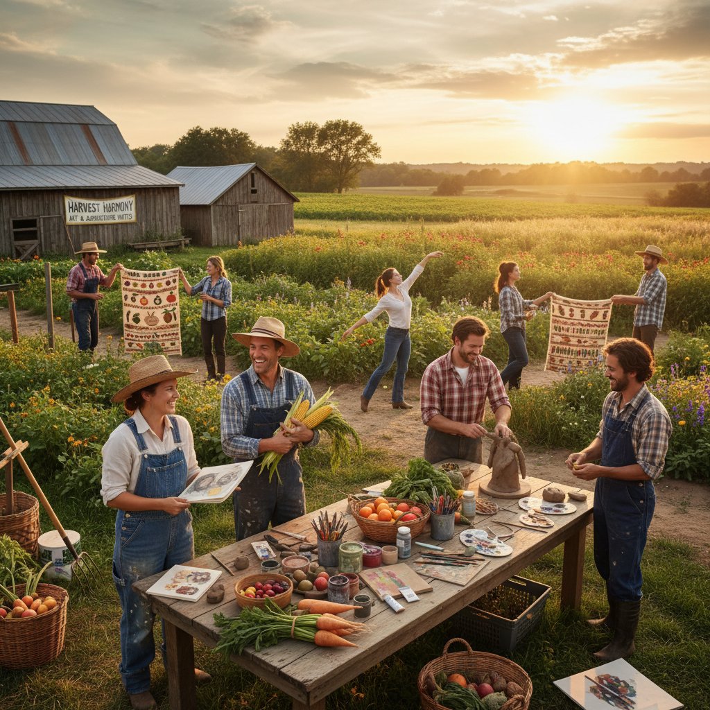 Artyści i farmerzy w jednym pomieszczeniu, współpracujący przy kreatywnym projekcie, interdyscyplinarność innowacji