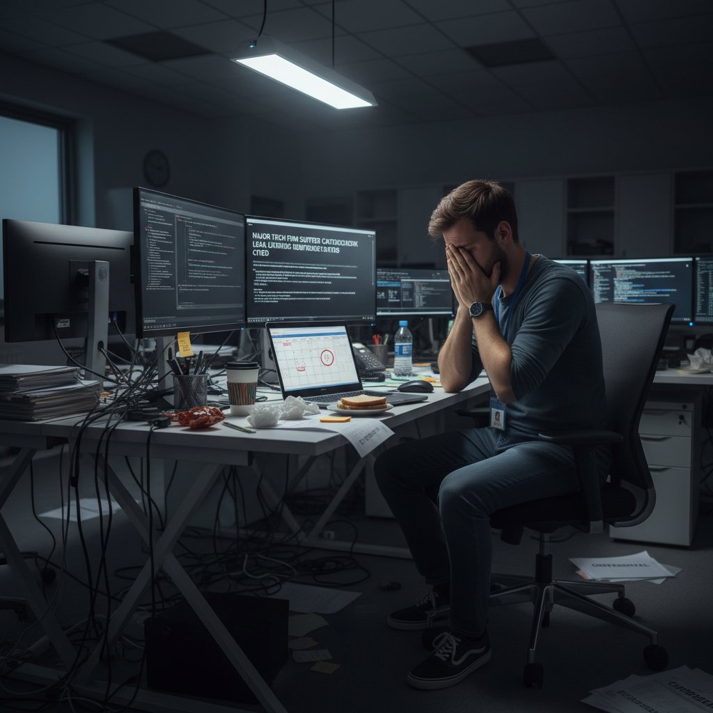 Pracownik firmy ukrywający twarz, symbolizujący winę i odpowiedzialność za błąd w ochronie danych