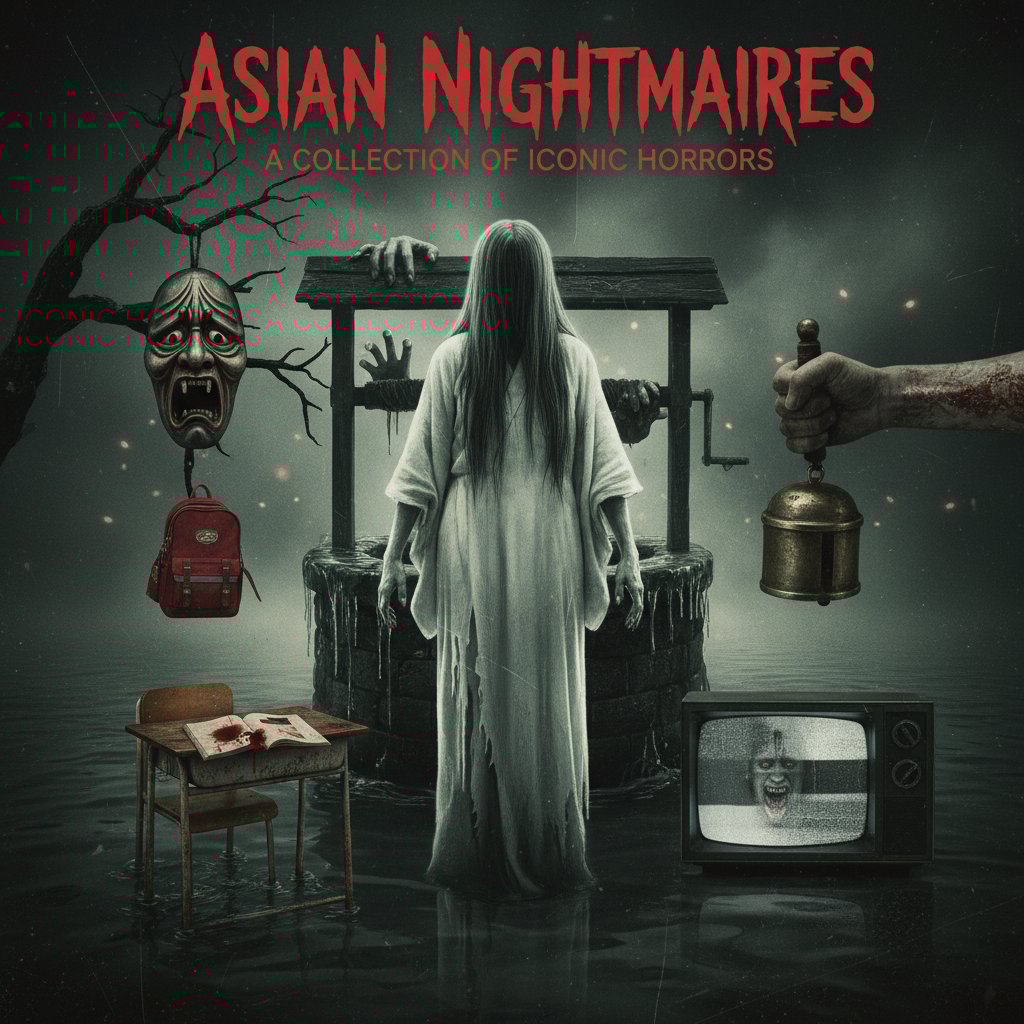 Poster-inspired scene with iconic Asian horror motifs, best international horror movies