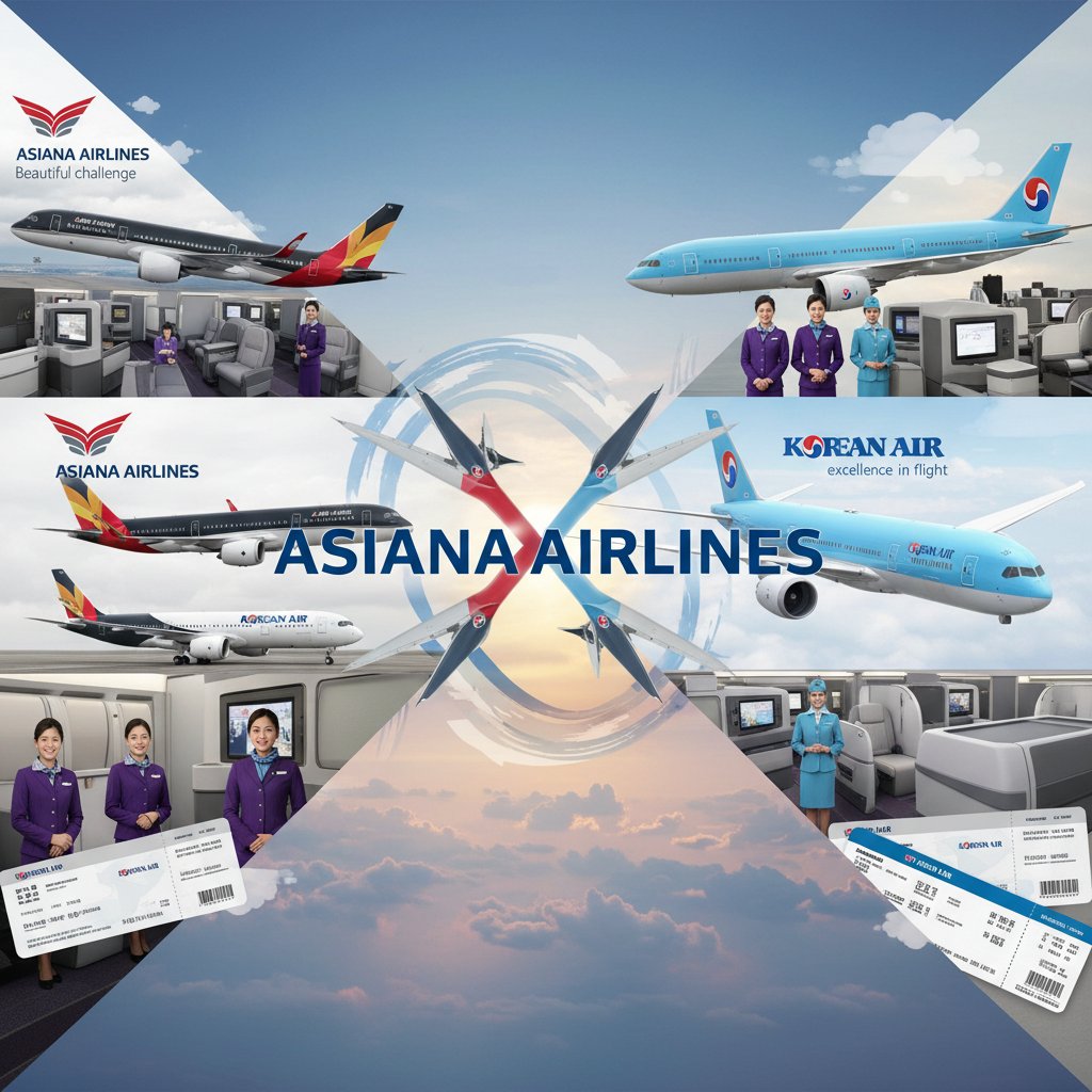 Editorial collage showcasing asiana airlines and korean air branding, visual contrast of rivals