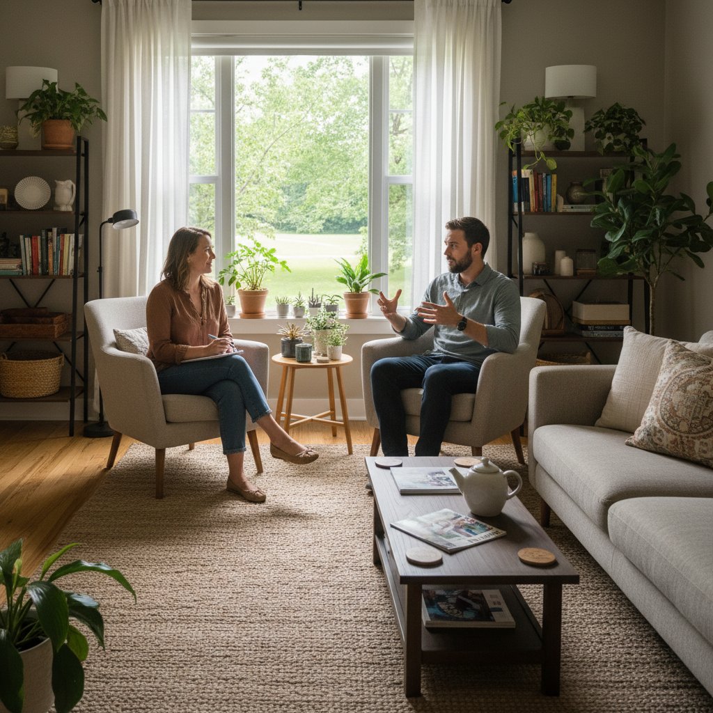 Rozmowa w gabinecie: osoba zadająca pytania terapeucie, atmosfera otwartości