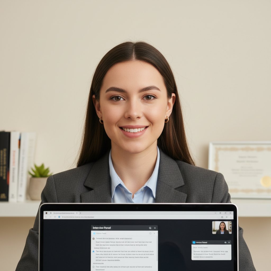 Kandydat na ASP podczas wideorozmowy, profesjonalne oświetlenie, czyste tło, skoncentrowana prezentacja portfolio