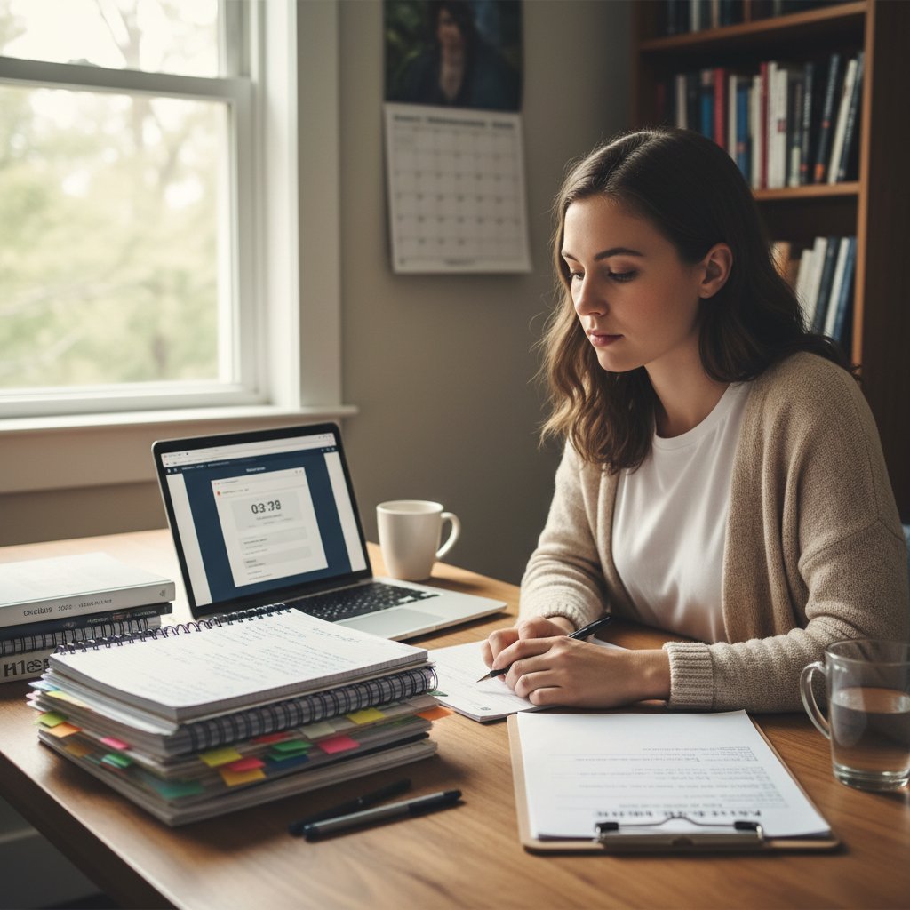 Planowanie dnia egzaminu – kandydat na ASP rano przy biurku z laptopem, notatkami, harmonogramem