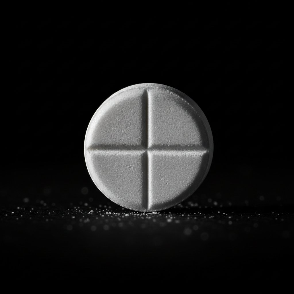 Tabletka kwasu acetylosalicylowego na tle czarnego stołu, zbliżenie, wysoki kontrast, słowa kluczowe: kwas acetylosalicylowy, aspiryna, budowa chemiczna