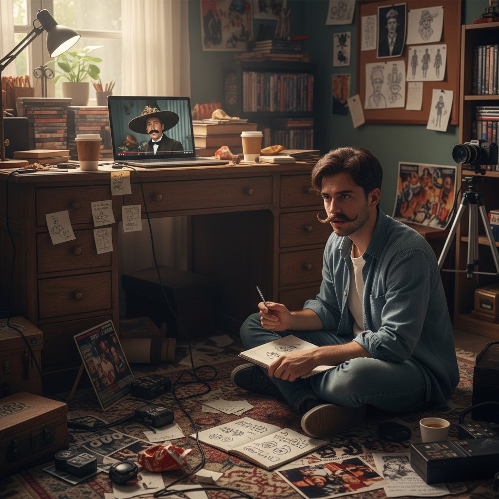 Young filmmaker analyzing disguise scene on laptop, creative workspace, learning from movie disguise movies