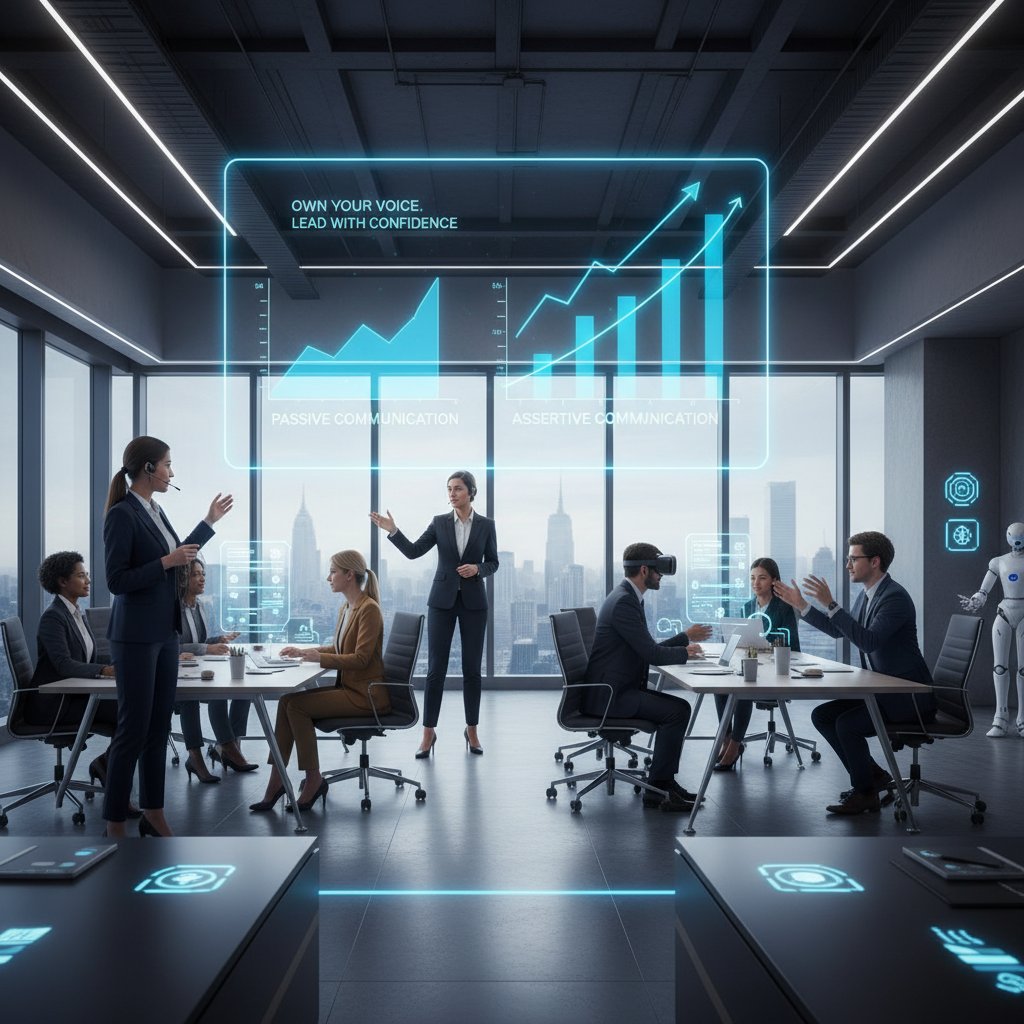 Osoba trenująca asertywność w pracy z AI, biurowa sceneria, nowoczesne technologie