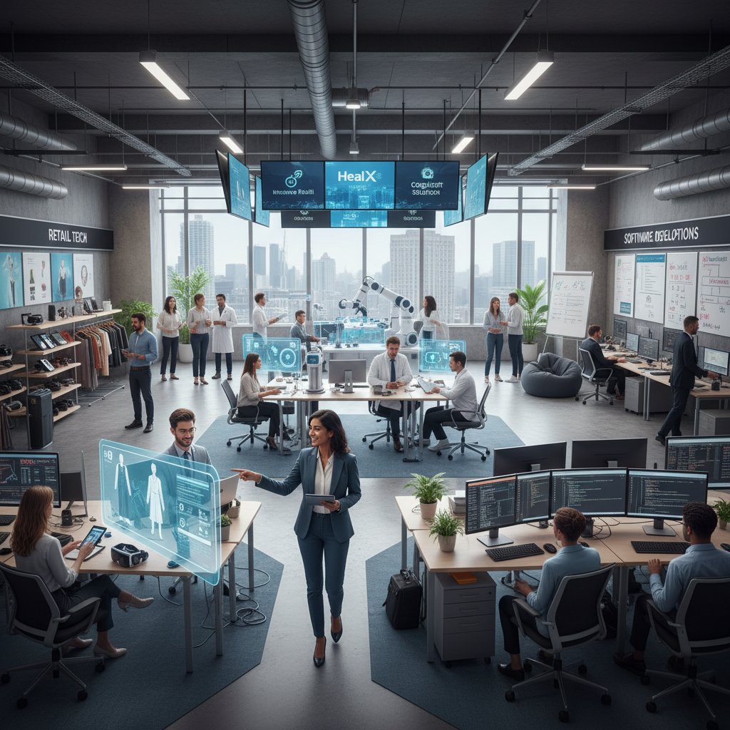 Split-scene photo showing assistant managers at work in retail, tech, and healthcare environments