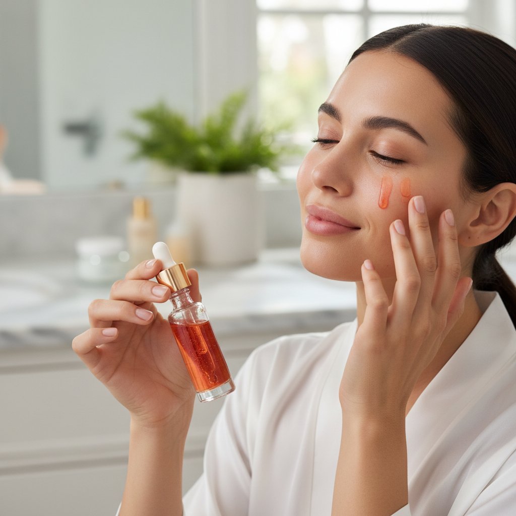 Serum z astaksantyną w pielęgnacji skóry – kobieta nakłada kosmetyk na twarz