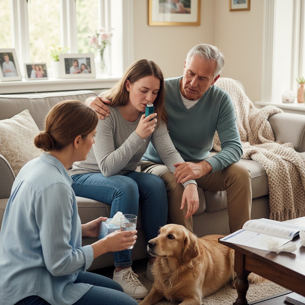 Pacjent z astmą podczas ataku w domowym otoczeniu, opieka i wsparcie bliskiej osoby