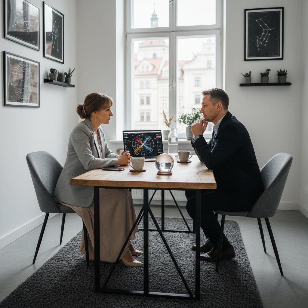 Spotkanie z profesjonalnym astrologiem – jak wybrać eksperta, konsultacja z laptopem, polskie tło
